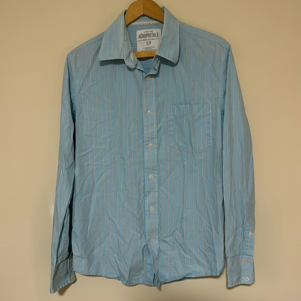✅ AEROPOSTALE Long Sleeve Button Down Pinstripe Collared Shirt 100% Cotton -Blue